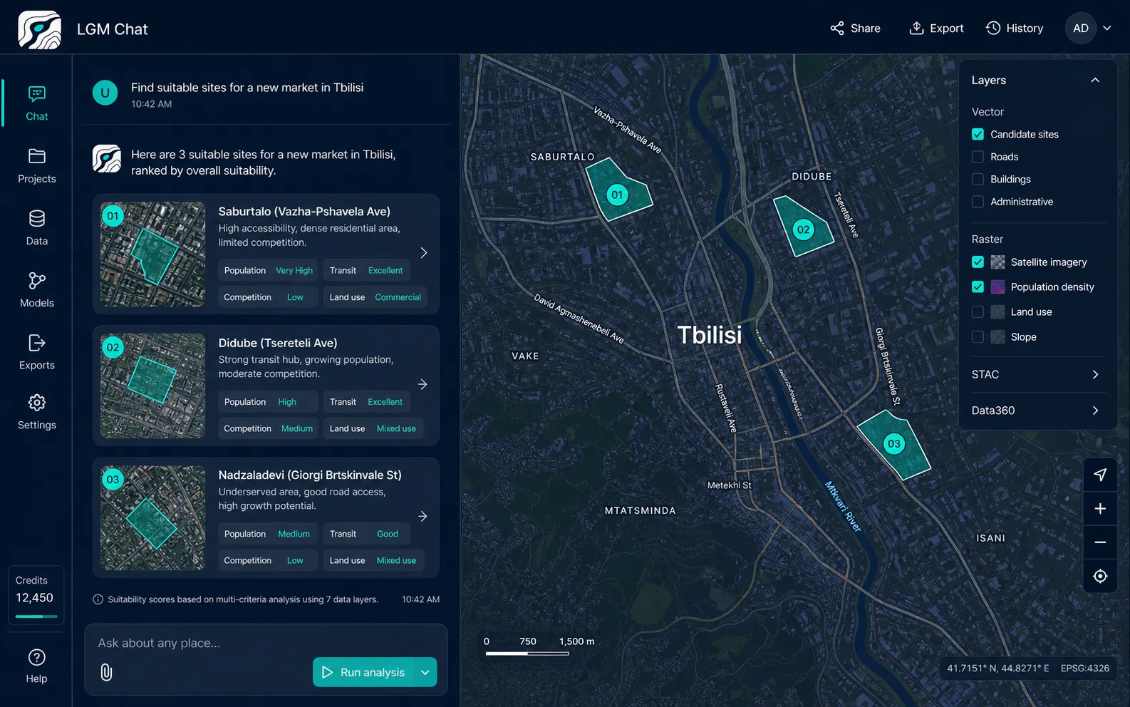LGM GIS interface showing a Tbilisi site-selection analysis